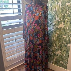 FRNCH Navy Blue Gown with Mandarin Collar and Bishop Sleeves